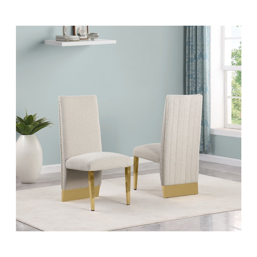 7Pc Tempered Glass Dining Set With 6 Cream Boucle Side Chairs And A Gold Base. Picture 4