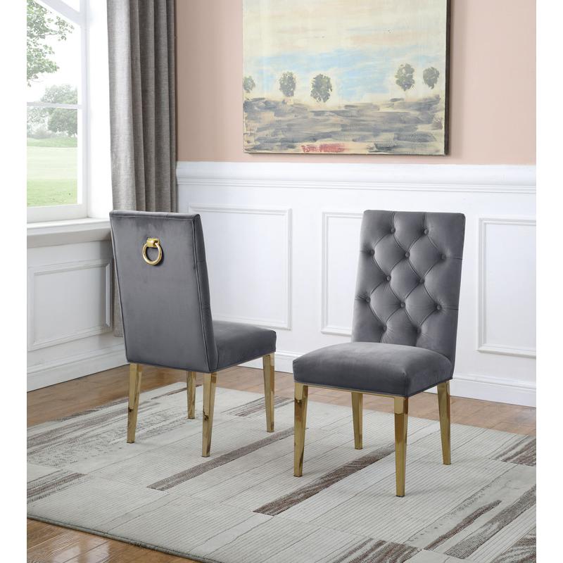 Contemporary 7pc Dining Set, Glass Dining Table w/Stainless Steel Gold Base & Velvet Tufted Chrome Leg Dining Chairs, Dark Grey. Picture 3