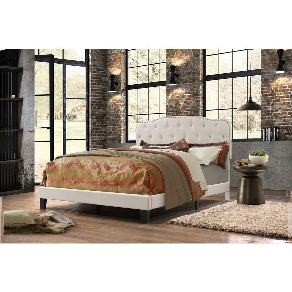 Beige Linen Uph. Panel Bed with Silver Nailhead- Full. Picture 1