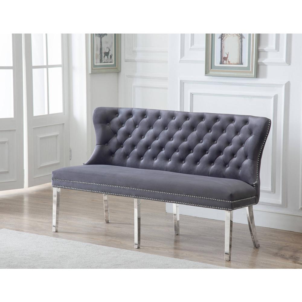 Bench with Tufted Buttons, Double Nailhead Trim, and Stainless Steel Legs. Picture 1