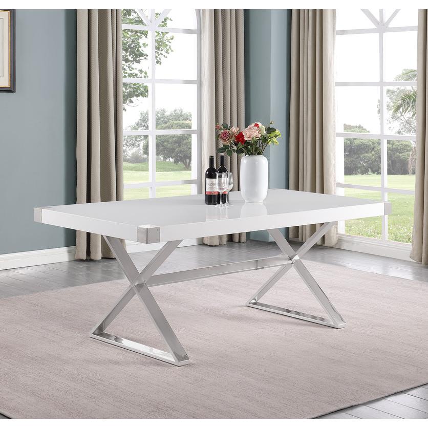 5pc Small(78") white wood top dining set with silver base and 4 chairs. Picture 2