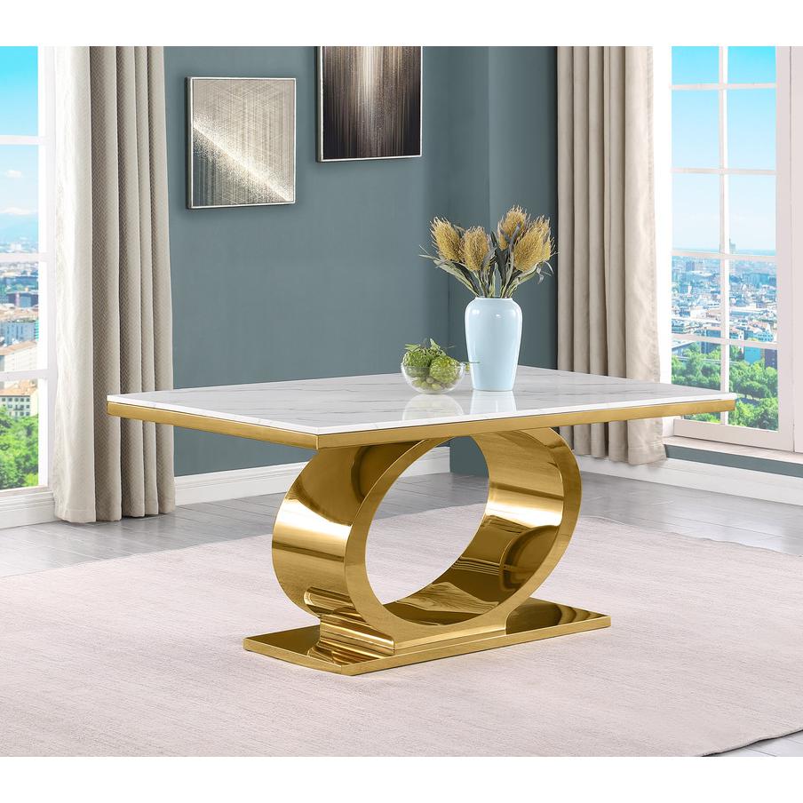 7pc Small(68") marble top dining set with gold base and 6 Cream side chairs. Picture 2