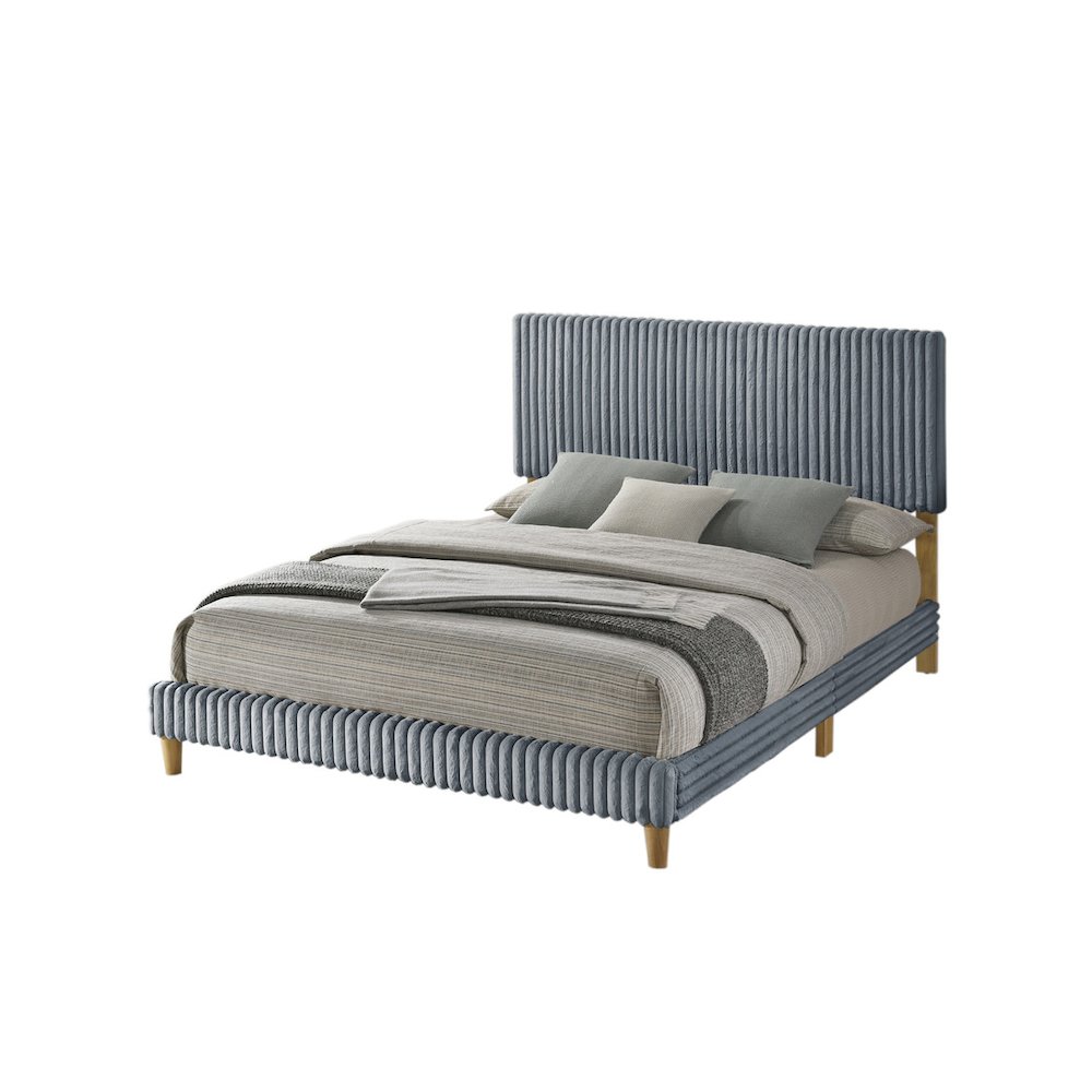 Queen size panel bed with wooden legs in Gray color. Picture 1