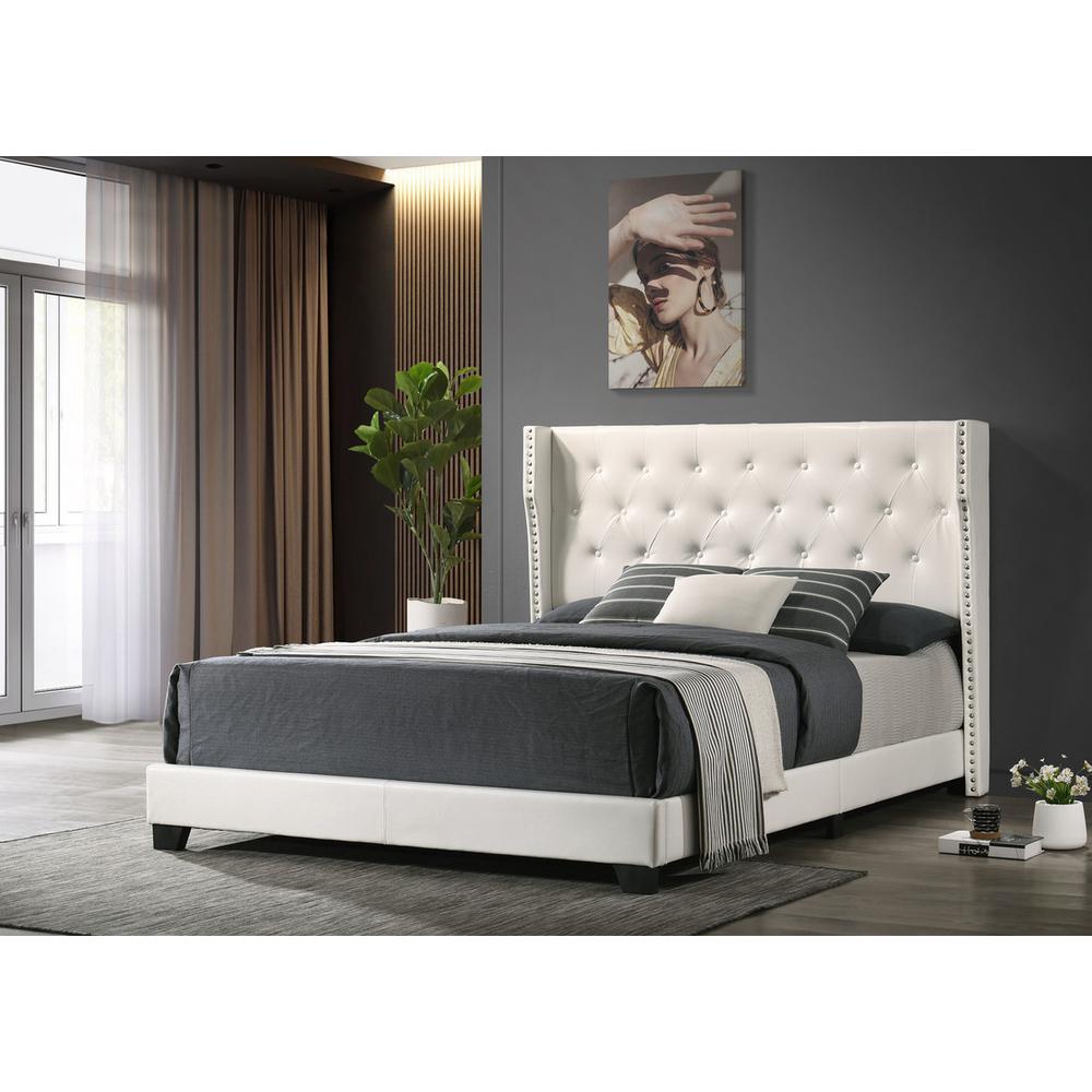 White Faux Leather Uph. Panel Bed Tufted Buttons Side Studs, Eastern King. Picture 2