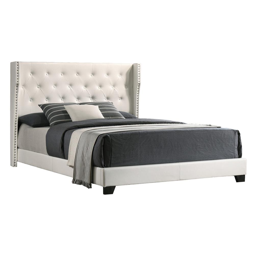 White Faux Leather Uph. Panel Bed Tufted Buttons Side Studs, Eastern King. Picture 1