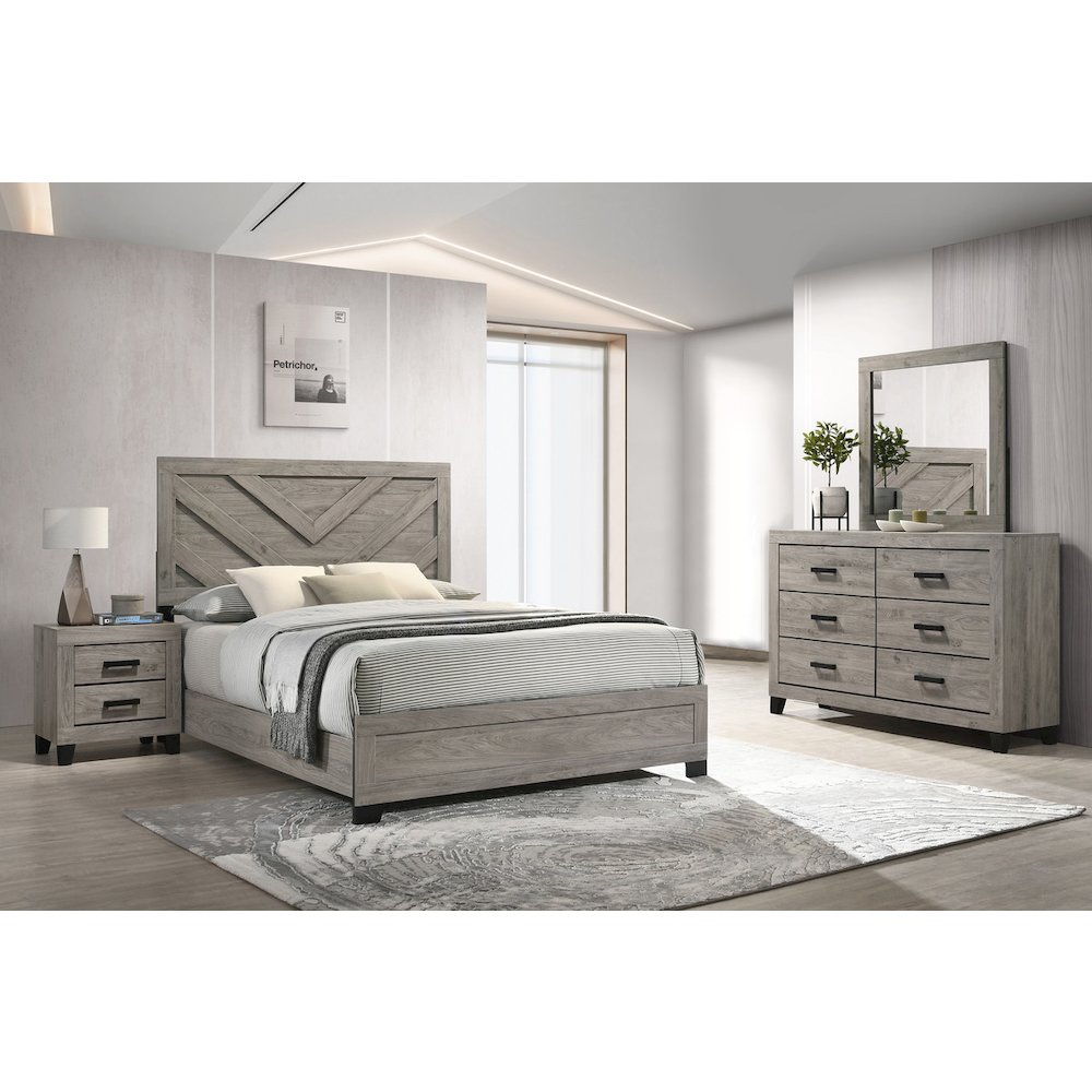 4 piece light grey pannel bedroom set (Bed+NS+Dresser+Mirror). Picture 5