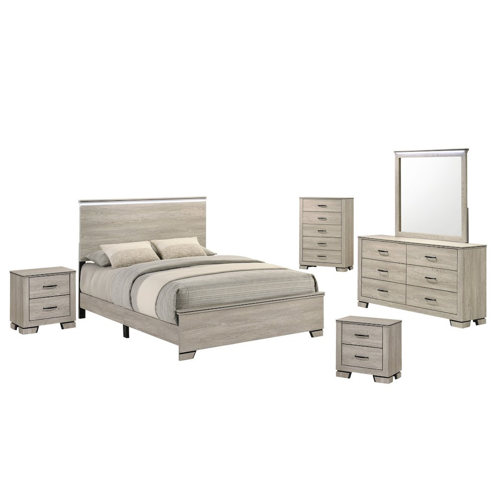 6pc Queen Panel Bedroom Set Greige Rustic Oak. Picture 1
