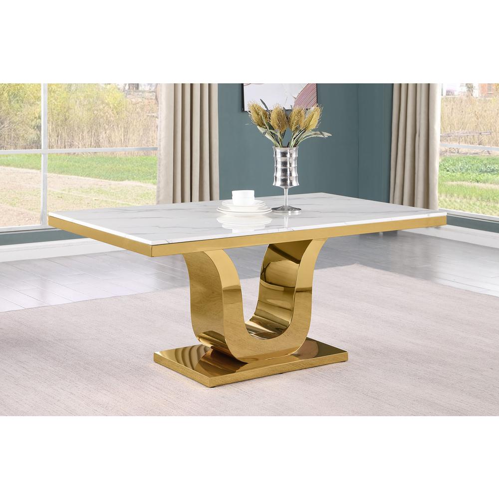 7pc Small(66") marble top dining set with gold base and 6 Black side chairs. Picture 2