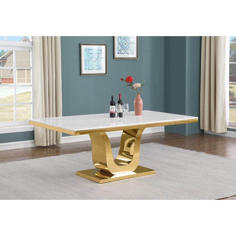 9pc Large(78") marble top dining set with gold base and 8 Black side chairs. Picture 2