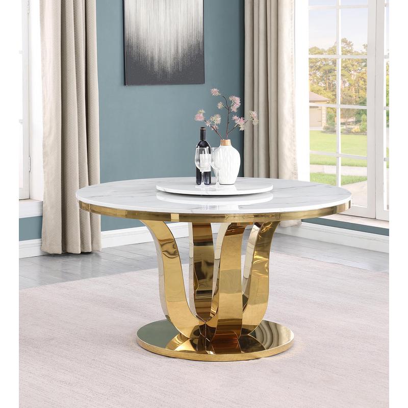 5pc White marble round dining set with gold base and 4 Navy blue side chairs. Picture 4