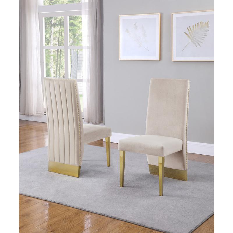 Classic 7 Piece Dining Set With Glass Table Top and Stainless Steel Legs w/Pleated Chairs, Beige. Picture 3