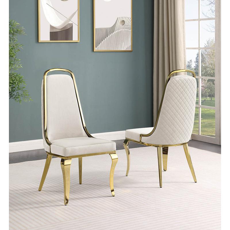 5pc Small(68") marble top dining set with gold base and 4 Cream side chairs. Picture 4