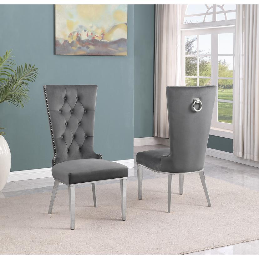 5-piece glam dining set with 4 dark grey chairs and a 79" long glass  table. Picture 2
