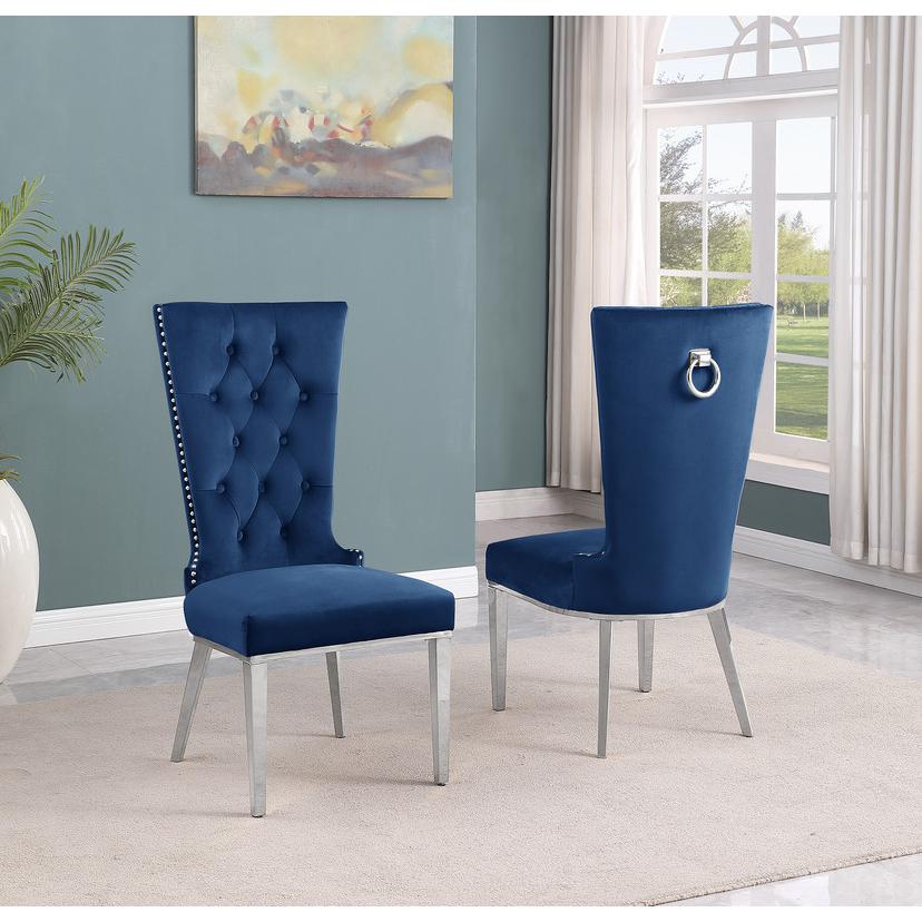 5-piece glam dining set with 4 navy blue chairs and a 79" long glass  table. Picture 2