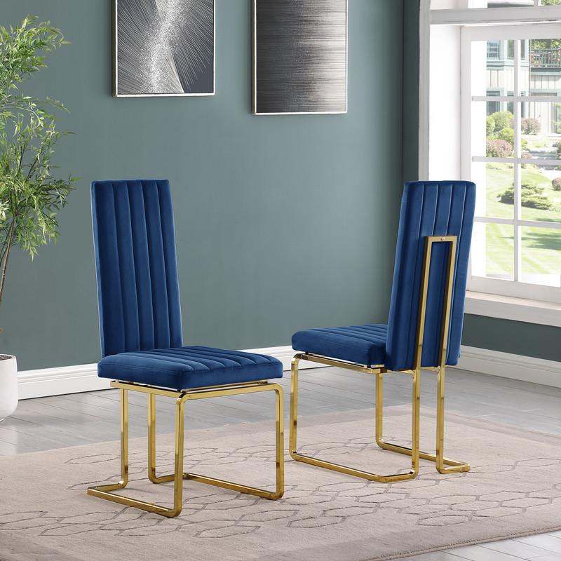 5-piece glam dining set with 4 Navy blue chairs and one 79" glass  table. Picture 3