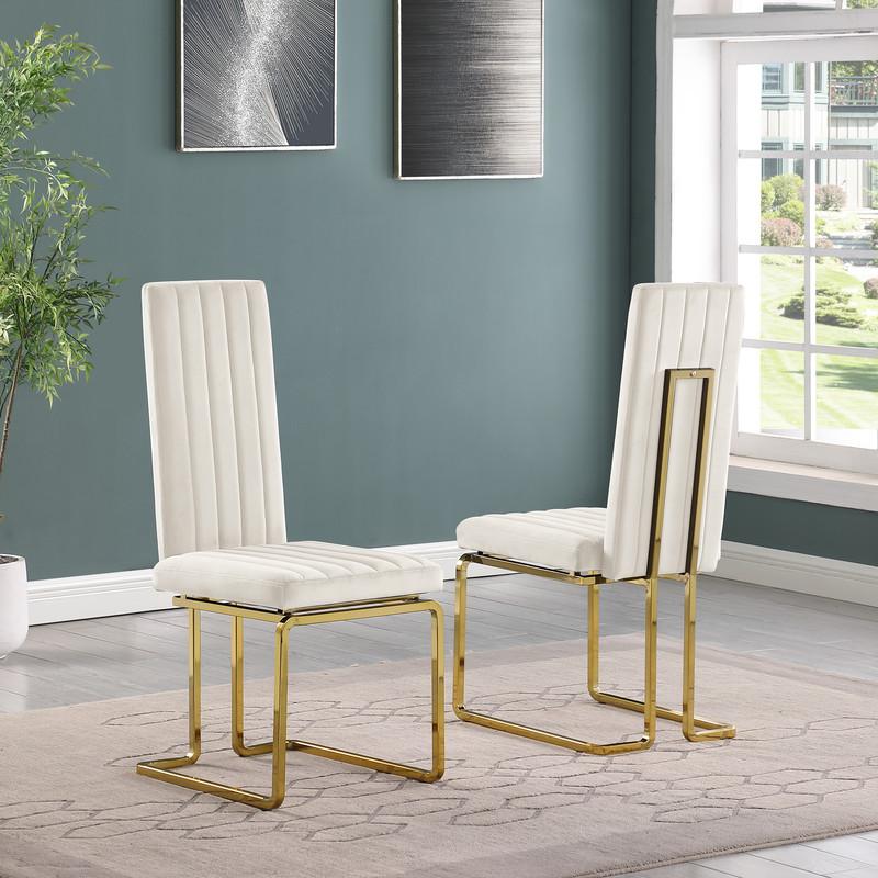 7pc Small(68") marble top dining set with gold base and 6 Cream side chairs. Picture 4