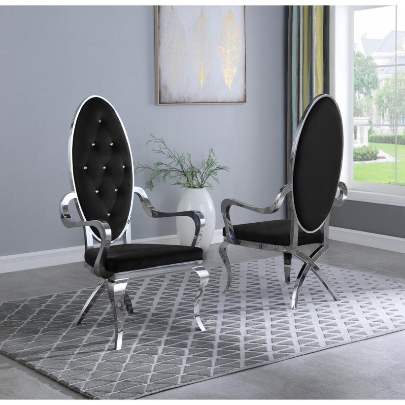 Classic 7pc Dining Set w/Uph Tufted Side/Arm Chair, Glass Table w/ Silver Spiral Base, Black. Picture 4