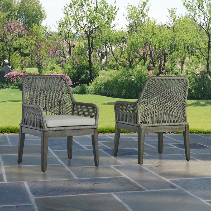 Outdoor Patio Dining Chairs (Set of 2) - Gray Acacia Wood Frame, Rope Design. Picture 2