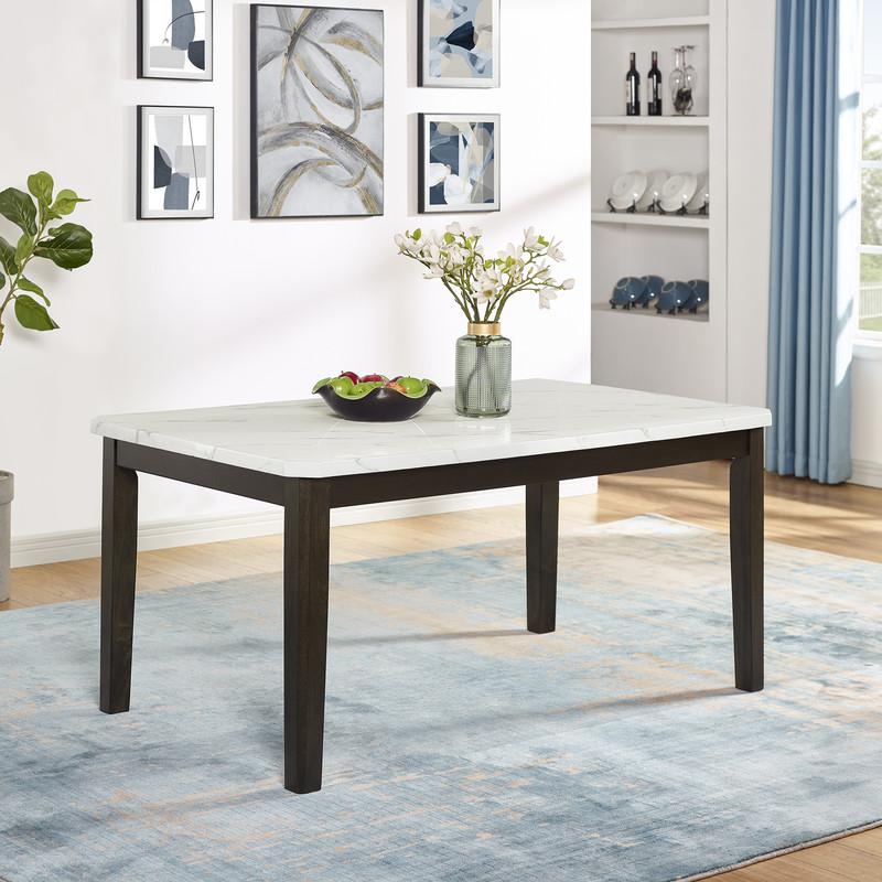 7-piece dining set with 1 white faux marble table and 6 dark grey side chairs. Picture 3
