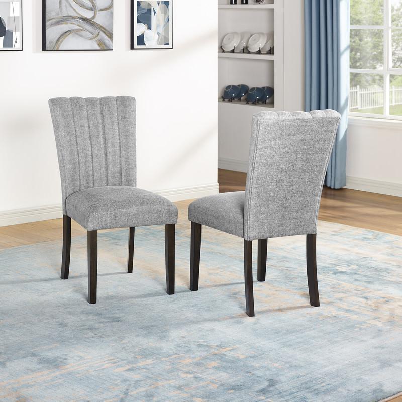 7-piece dining set with 1 white faux marble table and 6 dark grey side chairs. Picture 2
