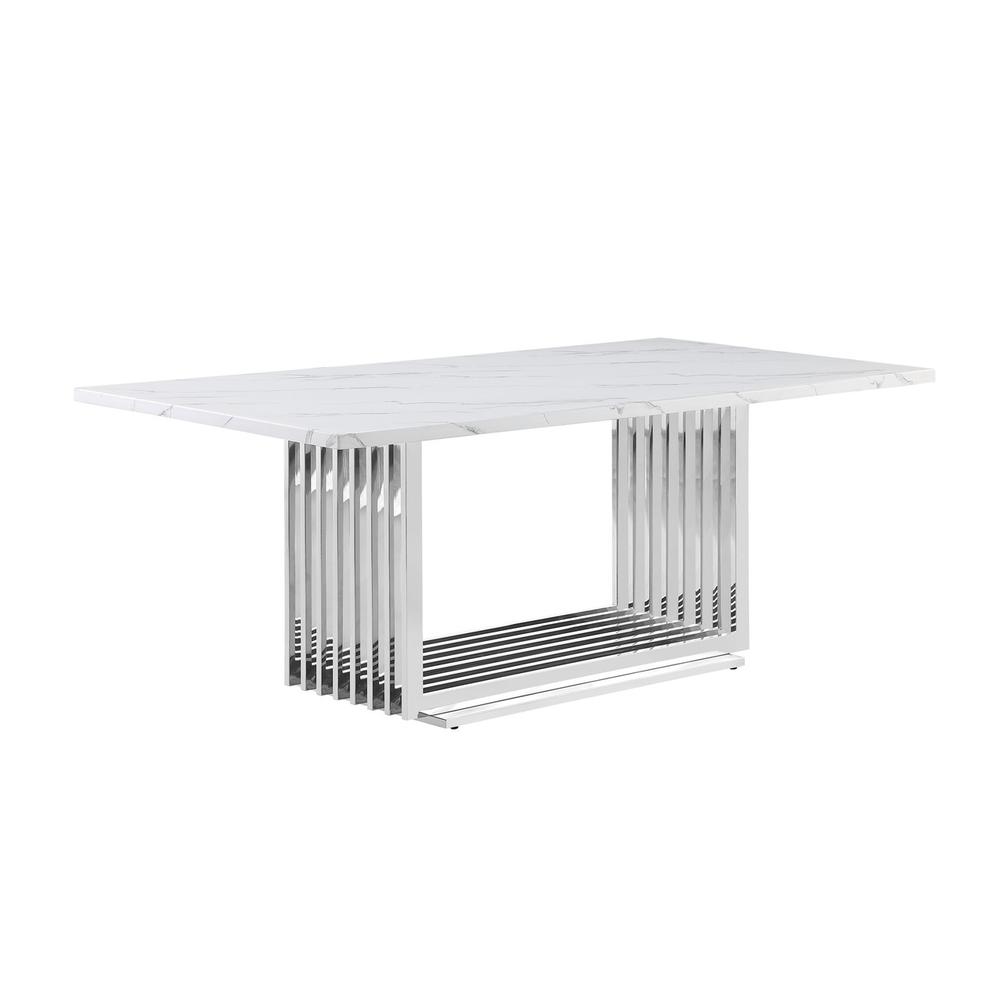 9pc Large(79") marble top dining set with silver base and 8 cream side chairs. Picture 2