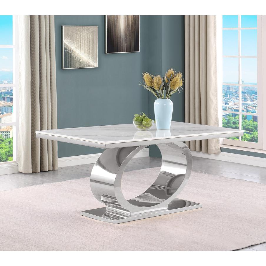 7pc Large(68") marble top dining set with silver base and 6 Cream side chairs. Picture 2