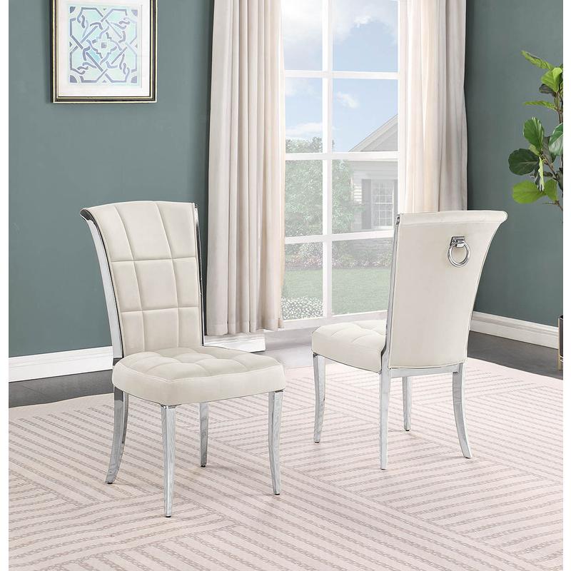 7-piece glam dining set with 6 cream chairs and a 79" long glass dinng table. Picture 2