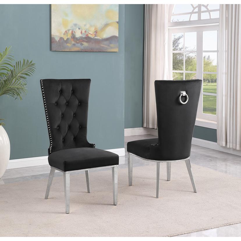 7-piece glam dining set with 6 black chairs and a 79" long glass  table. Picture 2