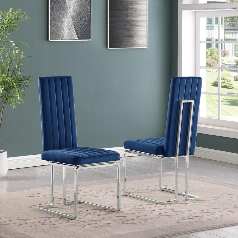 7-piece glam dining set with 6 Navy blue chairs and one 79" glass  table. Picture 3