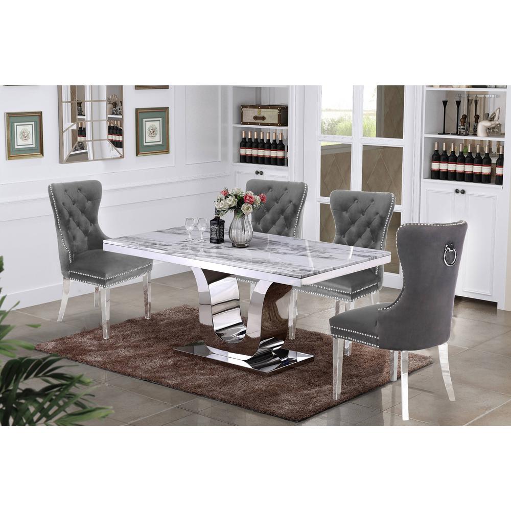White Marble 5pc Set Tufted Wingback Chairs in Dark Grey Velvet. Picture 1