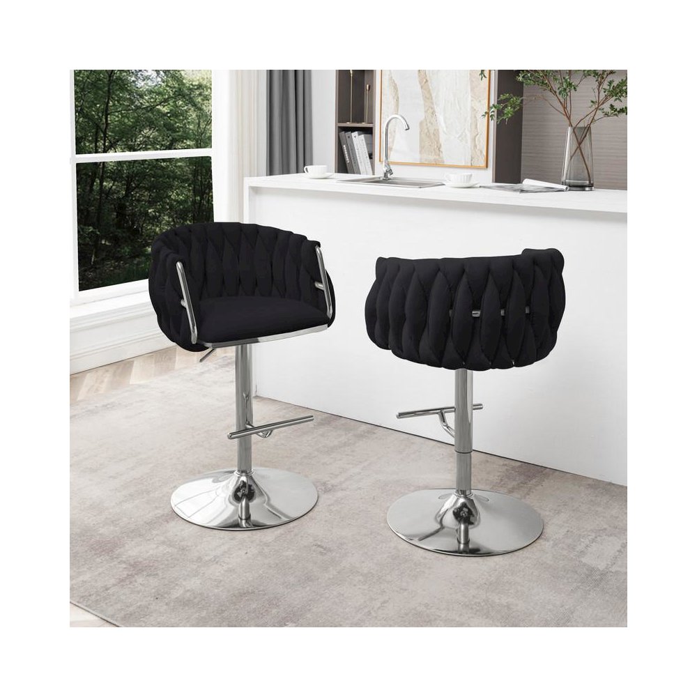 Velvet Upholstered barstool in Black fabric with a gold color base (SET OF 2). Picture 3