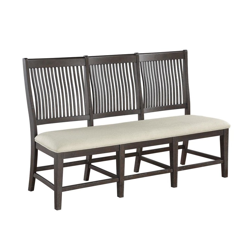Rustic brown side bench with beige linen fabric (bench only). Picture 1