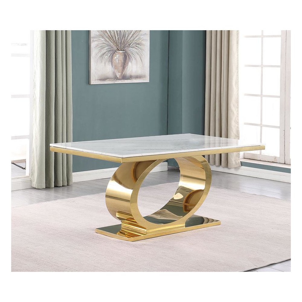 Small 68" Rectangular marble top dining table with a gold color base. Picture 2
