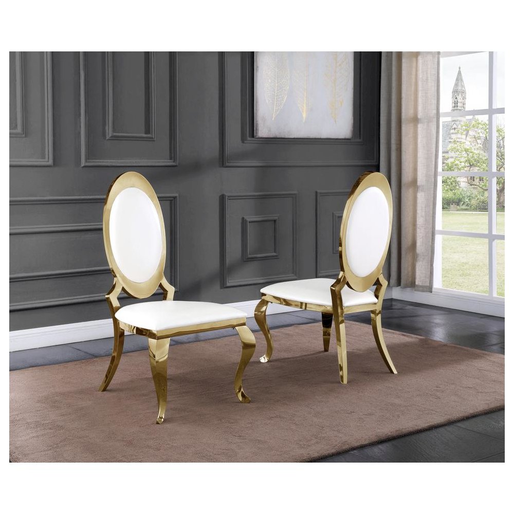 Faux Leather Dining Chair, Gold Stainless Steel Frame (Set of 2) - White. Picture 2