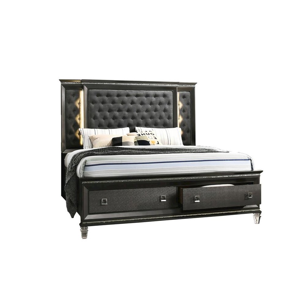 Panel Bed with Tufted Buttons and  Backlit Backboard with 2 Footboard Drawers and Jewel Strip on Footboard and Headboard. Picture 2