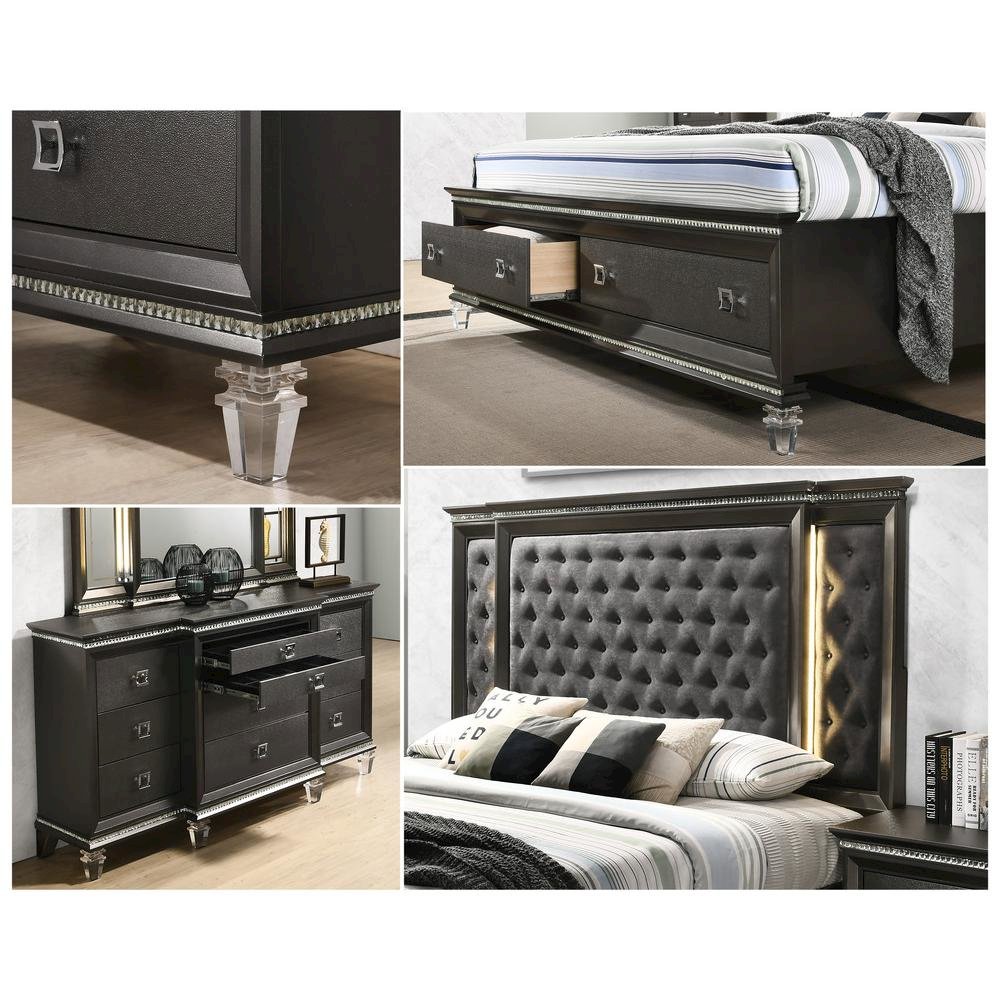 Panel Bed with Tufted Buttons and  Backlit Backboard with 2 Footboard Drawers and Jewel Strip on Footboard and Headboard. Picture 2