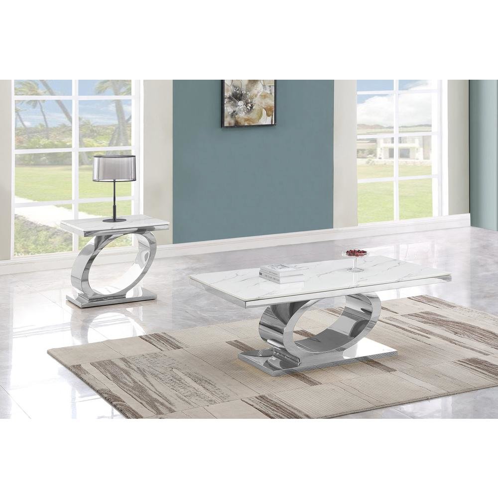 2pc White marble coffee table set with silver base (1 Coffee+ 1 End table). Picture 2
