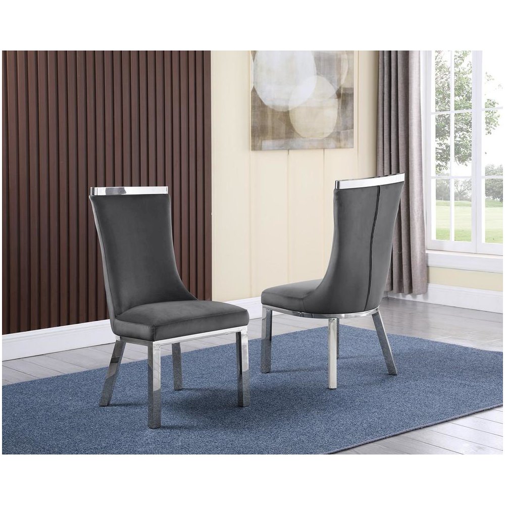 Upholstered dining chiars set of 2 in Dark gray velvet fabric with stainless steel base. Picture 1