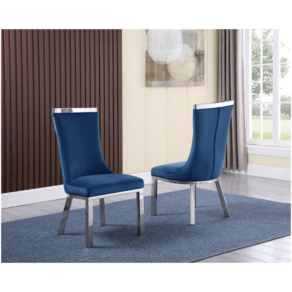 Upholstered dining chiars set of 2 in Navy blue velvet fabric with stainless steel base. Picture 1