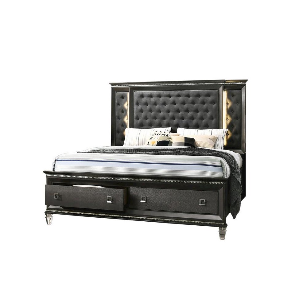 Panel Bed with Tufted Buttons and  Backlit Backboard with 2 Footboard Drawers and Jewel Strip on Footboard and Headboard. Picture 1