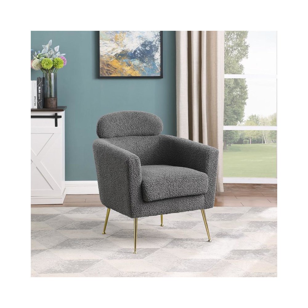 Accent chair with grey vegan (faux) fur and gold chrome legs. Picture 3
