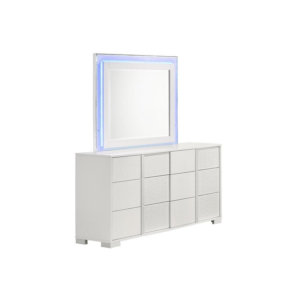 White dresser with 6 drawers and a blue LED light trim on the mirror. Picture 1