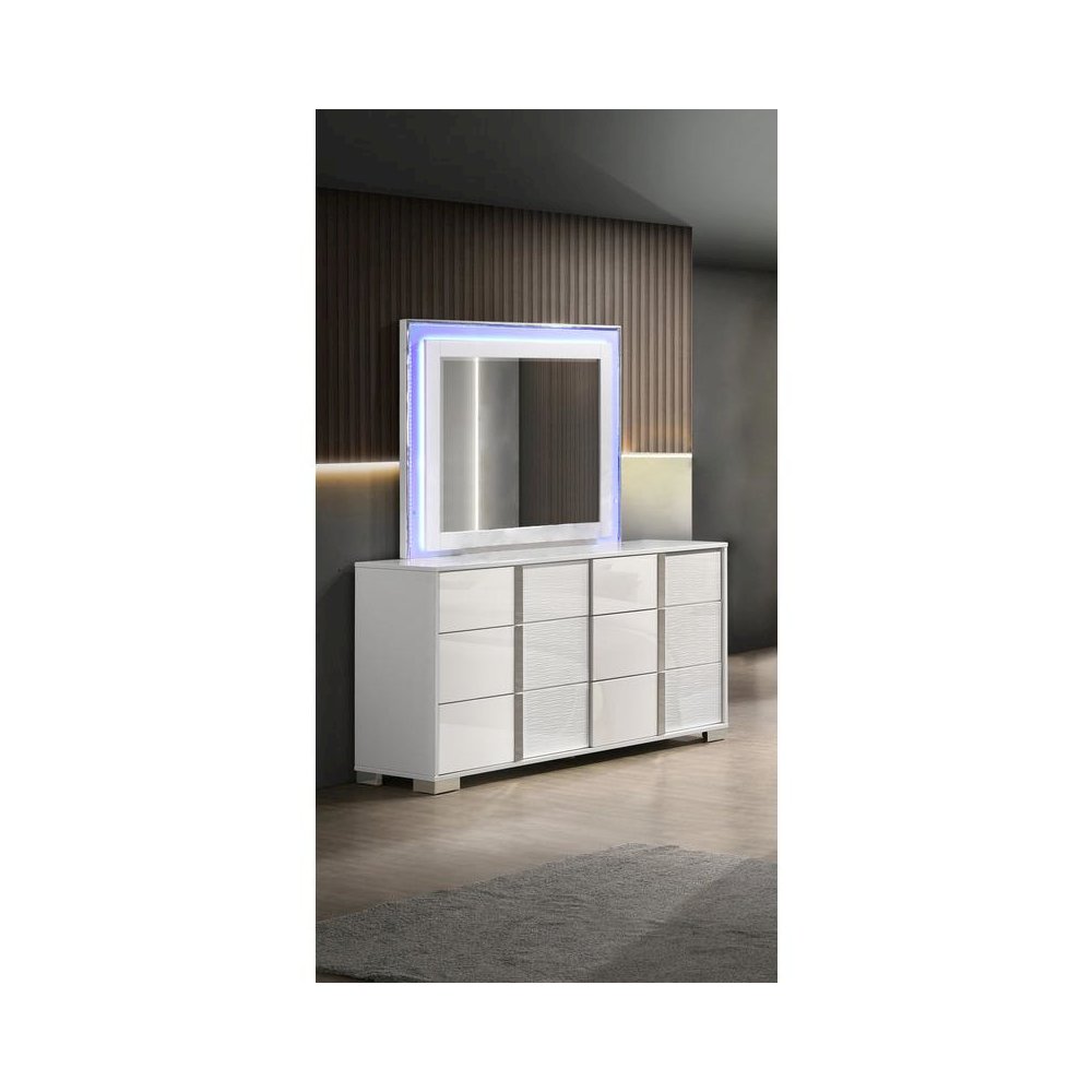 White dresser with 6 drawers and a blue LED light trim on the mirror. Picture 3