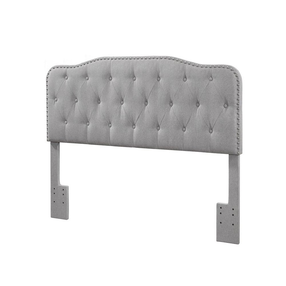 Queen/Full Headboard Gray Linen Upholstered Button Tufted & Nailhead Trim. Picture 1