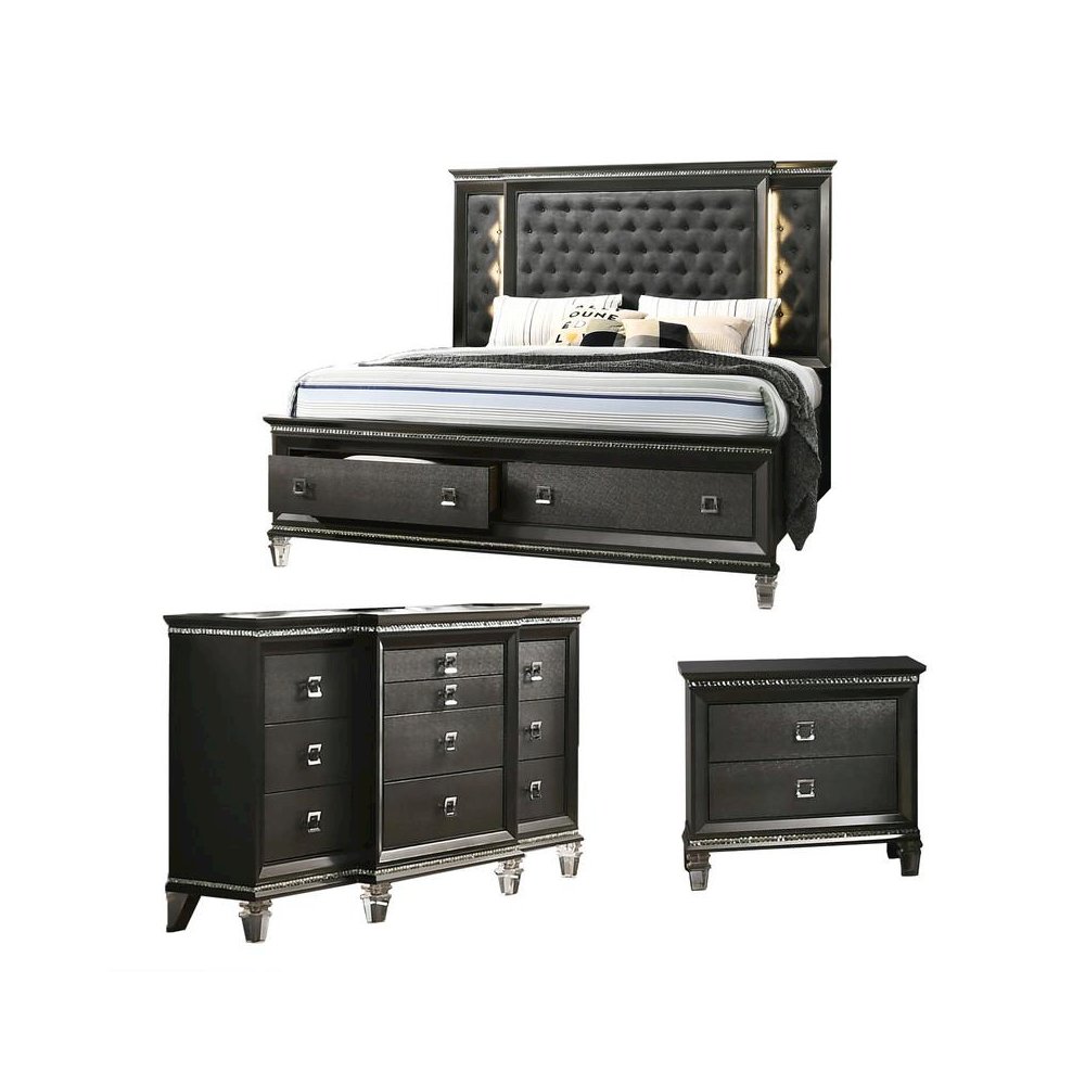 3PC Eastern King Bedroom Set: 1 Panel Bed, 1 Night Stands, and 1 Dresser with 8 Drawers and Two Jewelry Drawers. Picture 1