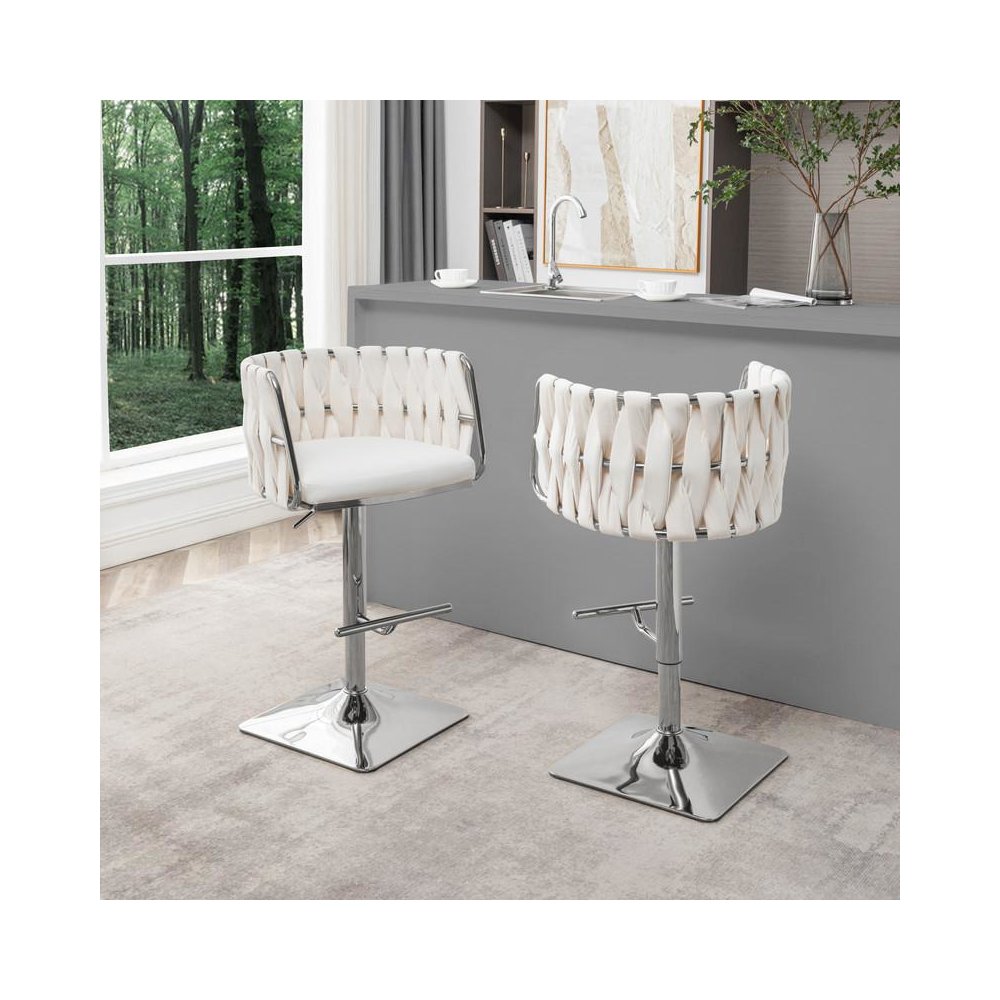 Velvet upholstered barstool in Cream fabric and silver color base (SET OF 2). Picture 3