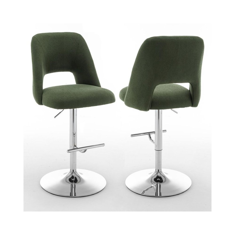 Boucle fabric upholstered barstool with a green seat and silver base (SET OF 2). Picture 1