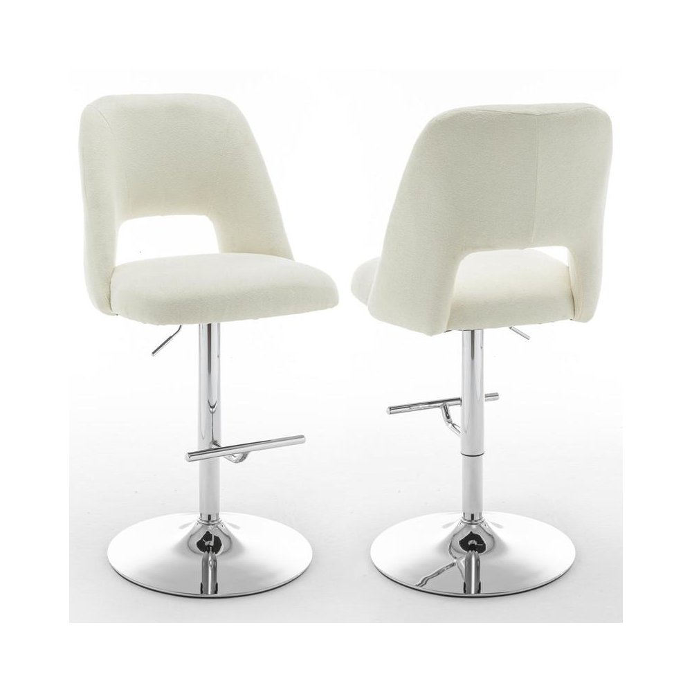 Boucle fabric upholstered barstool with a beige seat and silver base (SET OF 2). Picture 1