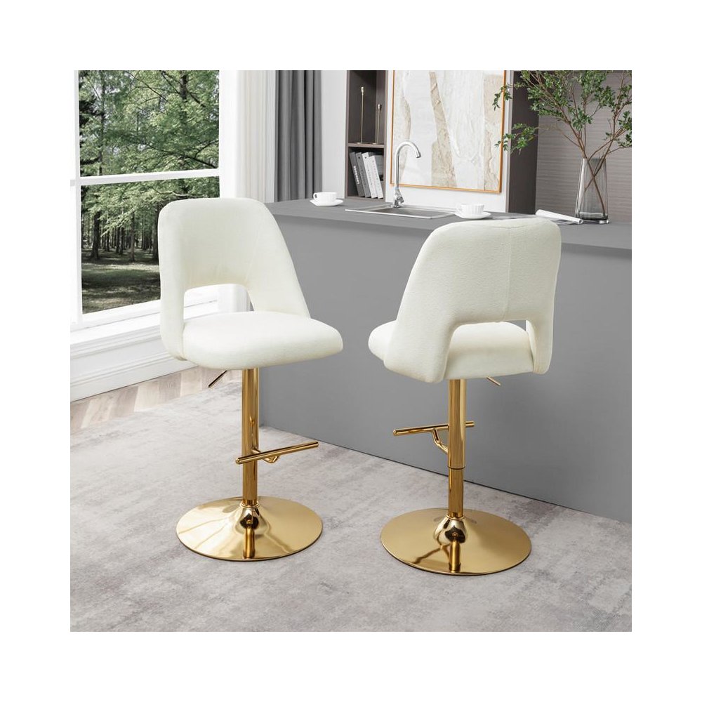 Boucle fabric upholstered barstool with a beige seat and gold base (SET OF 2). Picture 5
