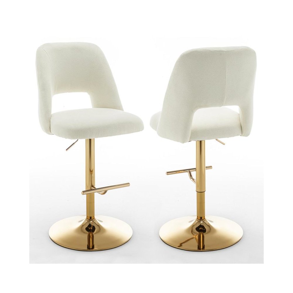 Boucle fabric upholstered barstool with a beige seat and gold base (SET OF 2). Picture 1